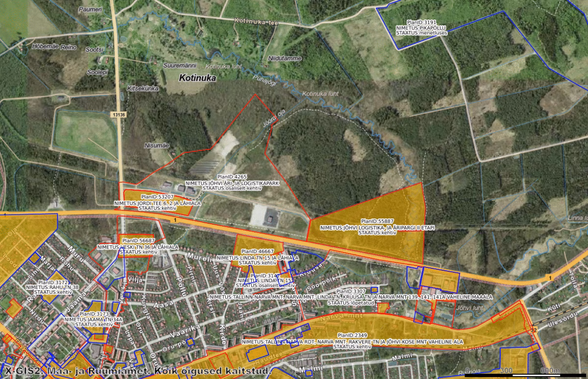 Jõhvi vallas Kotinuka külas Tallinn-Narva maantee ääres äripargi planeeringud. Maa-ameti planeeringute rakendus.